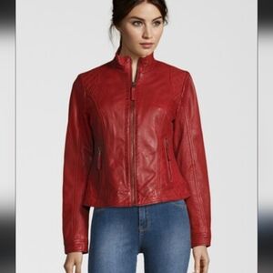 Red Women's Faux Leather Zip-Front Jacket